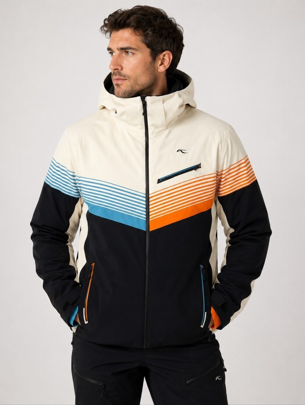 KJUS Systems Men's Ski Jacket Stormhood Snow Skirt Pockets Large Orange Blue